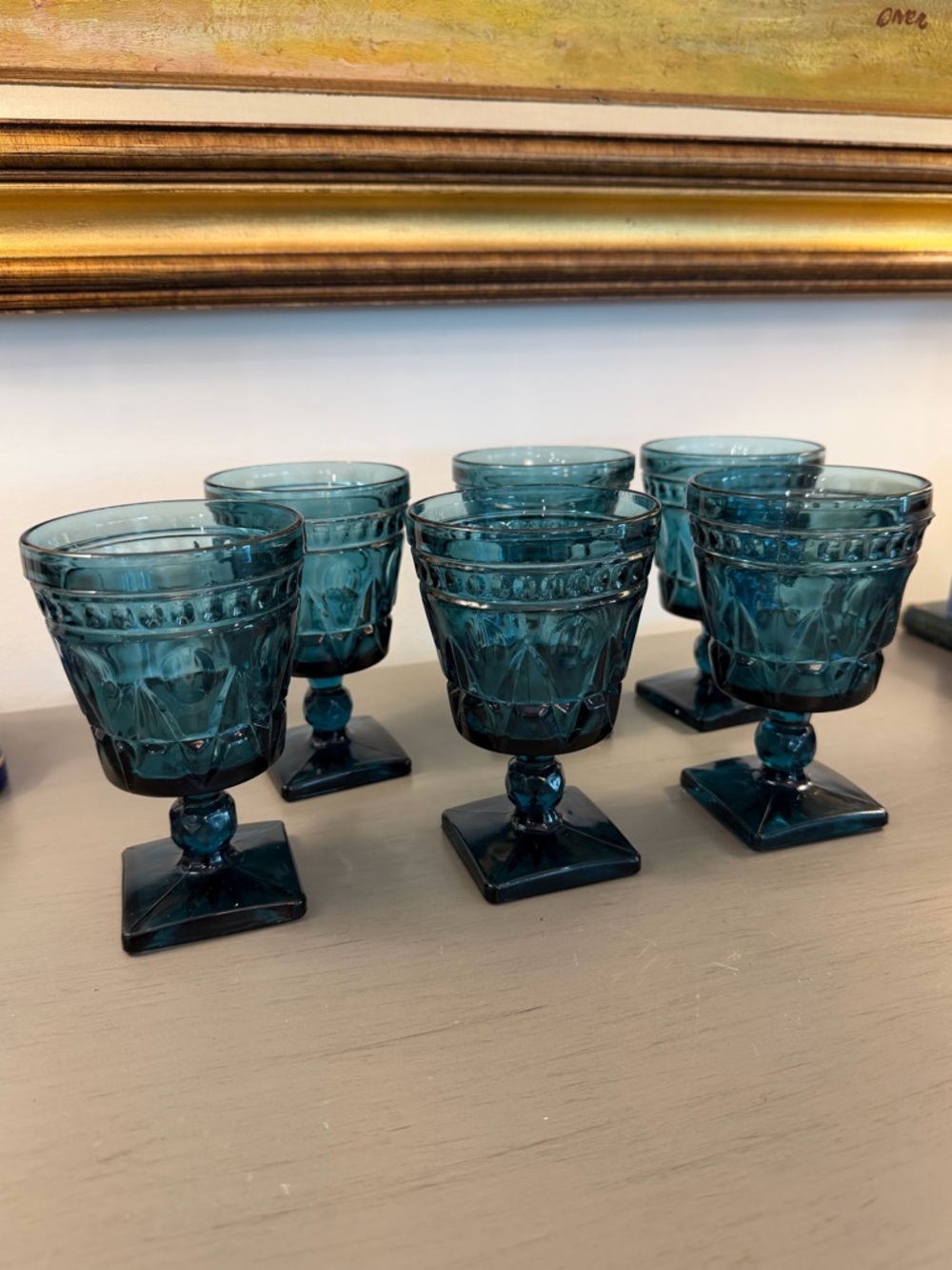 Vintage Indiana Glass Goblets Set 6 Colony Park Lane Blue Teal Wine Water Glass